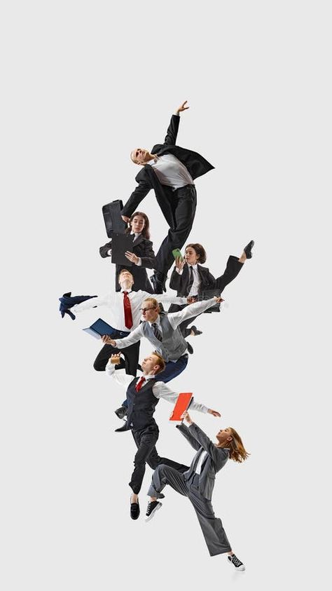 Creative collage. Group of business professionals in dynamic mid-air poses, dressed in formal attire, holding office stock images Team Picture Poses, Creative Collage, Team Pictures, Dynamic Poses, Team Photos, Business Professional, Reference Poses, Team Apparel, Formal Attire