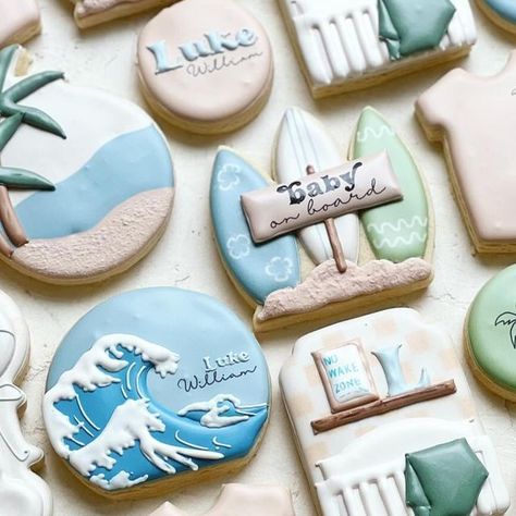 megan chadwick on Instagram: "Baby on board🏄‍♂️ . . #sweetcrumbbakery #decoratedcookies #decoratedsugarcookies #cookiesofinstagram #babyshowercookies #babyonboard" Baby On Board Cookies, Beach Cookies, Surfer Boy, Shower Cookies, Baby On Board, Baby Cookies, Instagram Baby, Baby Shower Cookies, Sea Theme