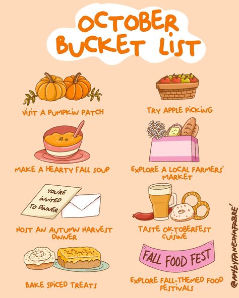 🍁 October Bucket List! 🍂 Fall is here, and it’s time to embrace everything cozy and festive! 🎃🍎 Here’s my fun-filled plan for the season: 🌿 Visit a Pumpkin Patch 🍏 Try Apple Picking 🥣 Make a Hearty Fall Soup 🍞 Explore a Local Farmers’ Market 🍽 Host an Autumn Harvest Dinner 🥨 Taste Oktoberfest Cuisine 🎃 Bake Spiced Treats 🍁 Explore Fall-Themed Food Festivals What’s on your fall bucket list? 🍂 Let me know in the comments! 👇 #FallVibes #OctoberFun #BucketList #AutumnAdventures #PumpkinPatch #... October Bucket List, Dominicans Be Like, Harvest Dinner, Fall Couple, Food Doodles, Fall Soup, Food Sketch, Themed Food, Fair Food