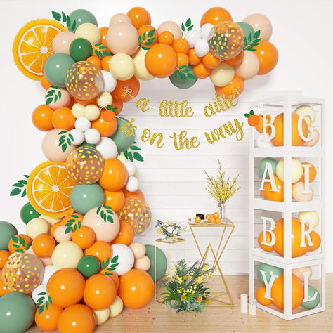 138pcs Little Cutie Baby Shower Balloon Boxes Decorations, Baby Block with Letters Orange Balloon Garland Kit A Little Cutie is On The Way Banner Willow Leaves for Fruit 1st Birthday Party Decorations #ad #littlecutie #littlecutiebabyshower #babyshowerideas #babyshowersupplies Cutie Is On The Way, Baby Shower Fruit, Fiesta Shower, Citrus Baby, Orange Baby Shower, Boy Baby Shower Ideas, Baby Shower Theme Decorations, Orange Balloons, 1st Birthday Party Decorations