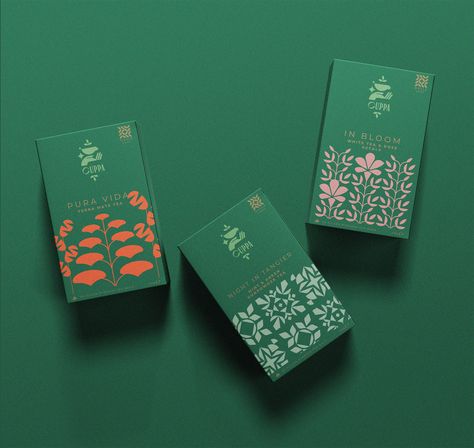 Modern Chocolate Packaging, Tea Brands Packaging, Mid Century Modern Packaging Design, Retro Box Design, Christmas Tea Packaging, Green Tea Branding, Floral Package Design, Tea Branding Packaging, Modern Food Packaging