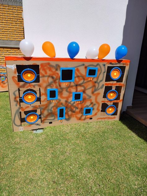 Nerf Wars Battlefield Indoor, Indoor Nerf Party, Backyard Nerf Battlefield, Nerf Wars Birthday Party, Nerf Games Indoor, Diy Nerf Targets, Nerf Wars Battlefield Diy, Nerf Targets Diy, Nerf Battle Birthday Party