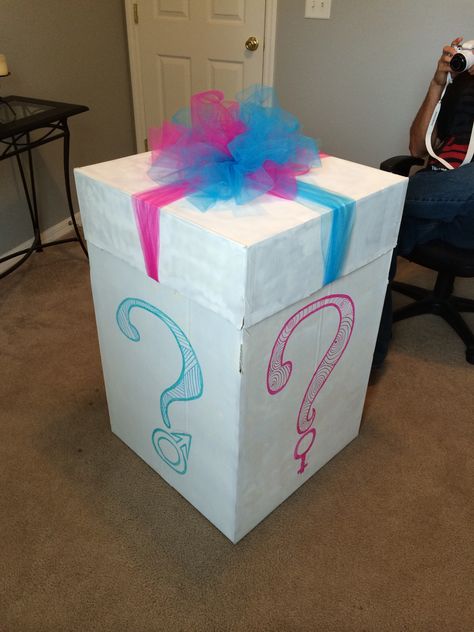 Gender reveal party box with balloons inside. We put a big black balloon in there to throw everyone off. When you pop it, colored confetti comes out blue or pink revealing gender. Inside Gender Reveal, Box With Balloons, Gender Reveal Balloon Pop, Gender Reveal Box, Pregnancy Timeline, Black Balloon, Baby Reveal Party, Gender Reveal Balloons, Balloon Pop