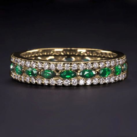 Wedding Bands & Stacking Rings Emerald And Diamond Ring Eternity Bands, Emerald Band Rings, Emerald Wedding Bands For Women, Emerald And Diamond Wedding Band, Green Row, Green Wedding Band, Emerald Ring Design, Emerald Eternity Ring, Emerald Band Ring