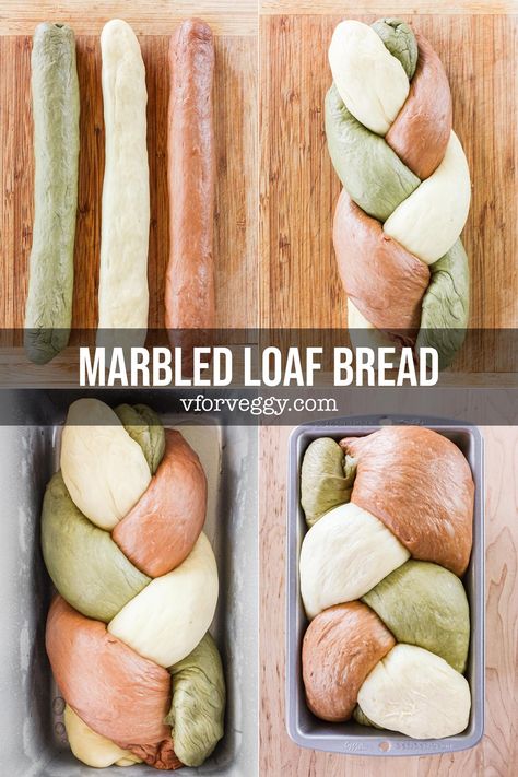 Marbled Loaf Bread Colored Bread Dough, Large Bread Loaf Recipe, Braided Bread Loaf, Colorful Bread Recipes, Matcha Bread Recipes, Bread Shapes Ideas, Colorful Bread, Colored Bread, Pretty Bread