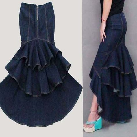 Detail Couture, Denim Ideas, Fishtail Skirt, Trendy Skirts, Jeans Fabric, Sewing Skirts, Mermaid Skirt, Pleated Maxi, A Skirt