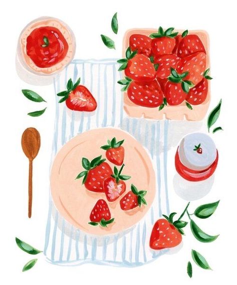 Fruit Prints Art, Strawberry Poster Aesthetic, Watercolour Food Art, Prints For The Kitchen, Cute Kitchen Prints, Summer Illustration Art Drawings, Watercolor Art Summer, Watercolor Illustration Art, Strawberry Art Illustration