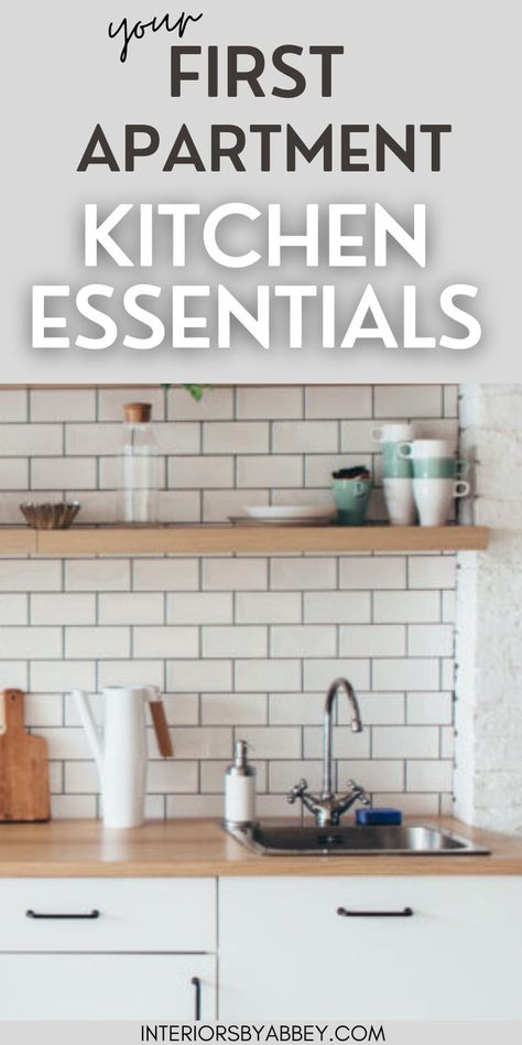 Apartment Kitchen Checklist, Apartment Kitchen Essentials, First Apartment Goals, Kitchen Essentials Checklist, First Apartment Kitchen, Affordable Apartment Decor, Kitchen Checklist, First Apartment Tips, First Apartment Essentials