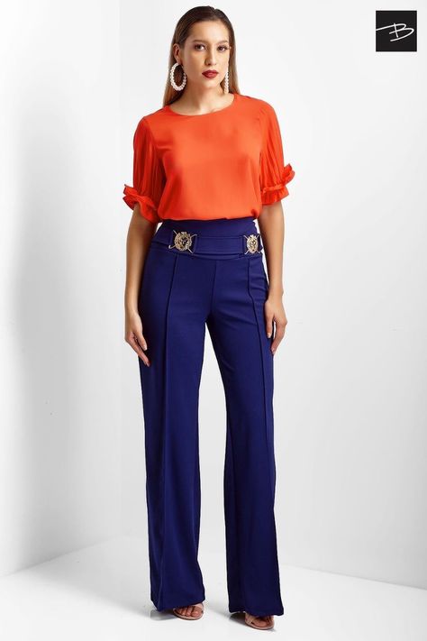 Navy Orange Outfit, Navy And Orange Outfit, Orange And Blue Outfits For Women, Orange And Blue Outfit, Orange Top Outfit, Orange Pants Outfit, Top Spring Outfits, Royal Blue Pants, Navy Blue Outfit