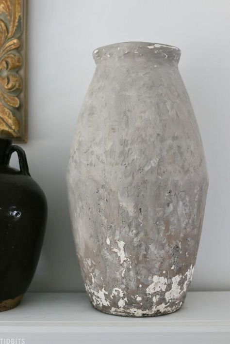 Joint compound takes the center stage to turn this vase from looking brand new to century’s old, with a unique old chippy plaster texture. Let me show you how I did it!I found this vase at Homegoods. I loved the shape, but didn't love the finish. At least - it didn't fit in with my European Farmhouse Kitchen Design. Since we live in an unfinished pole barn home, we built ourselves, there are plenty of construction materials to pull from! I grabbed a box of our joint compound, and beg… Plaster Vase, Vase Makeover, European Farmhouse Kitchen, Mud Paint, Diy Highlights, Plaster Texture, Diy Plaster, Organic Textures, Easy Diy Decor