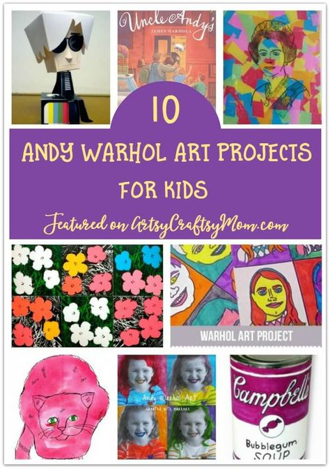 Create 10 crafts inspired by the legendary artist Andy Warhol! Great addition to art class for elementary kids! Pop Art For Kids, Andy Warhol Pop Art, Andy Warhol Art, Warhol Art, Art Projects For Kids, Art Lessons For Kids, Homeschool Art, Artists For Kids, School Art Projects