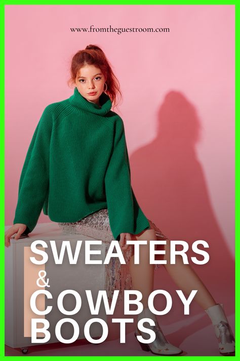 a girl wears a sweater and cowboy boots How To Style Cowboy Boots Women, Cowboy Boots Winter Outfit, Winter Cowboy Boots Outfit, Cowboy Boots Winter, Boots Winter Outfit, Cowboy Boots Women Outfits, Jeans And Hoodie, Dressy Sweaters, Winter Outfit Ideas