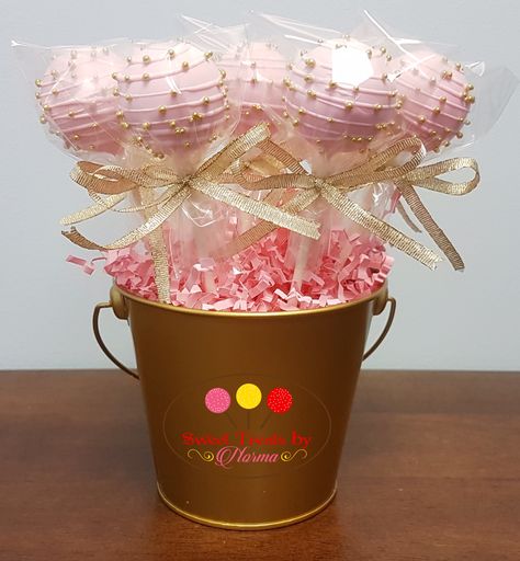 Pink and Gold Cake Pop Basket Pink Gold Cake Pops, Cake Pop Carrier, Cake Pop Basket, Styrofoam Cake Pop Stand, Pink Cake Push Pops, Tower Stand, Gold Cake, Brownie Cookies, Cake Pops