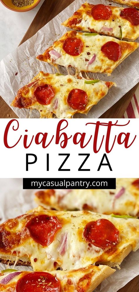 This Ciabatta pizza bread has all of the crispy, chewy, cheesy vibes that I crave. Bakery-fresh bread is the perfect vehicle for my favorite pizza toppings. Things To Make With Ciabatta Bread, What To Do With Ciabatta Rolls, Easy Ciabatta Sandwich Recipes, Recipes Using Ciabatta Bread, Ciabatta Pizza Recipe, Ciabatta Bread Pizza, Recipes Using Ciabatta Rolls, Ciabatta Ideas, Ciabatta Bread Sandwich