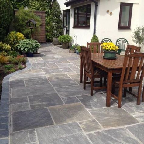 Saga Black Sandstone | Cardiff Slate and Stone Ltd Stone Porches, Slate Garden, Slate Patio, Patio Flowers, Garden Paving, Garden Steps, Outdoor Kitchen Patio, Garden Makeover, Backyard Inspo