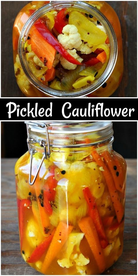 Pickled Cauliflower recipe from RecipeGirl.com #pickled #cauliflower #recipe #RecipeGirl Pickling Cauliflower And Carrots, Pickled Coliflower Cauliflower Recipes, Canned Cauliflower Recipes, Canned Pickled Cauliflower, Pickled Vegetables Recipe Canning, Best Appetizer Recipes Dinners, Canning Cauliflower Recipes, Preserving Cauliflower, Pickling Cauliflower