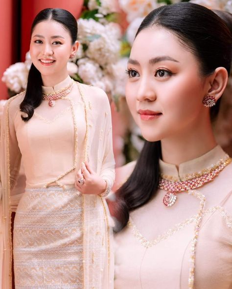 Burmese Traditional Dress Design, Myanmar Weeding Dress Design Latest, Myanmar Lace Dress Design, Myanmar Traditional Dress Design 2023, Myanmar Traditional Dress 1990, Graduation Gown Design, Burmese Wedding Dress, Burma Clothing, Myanmar Wedding Dress