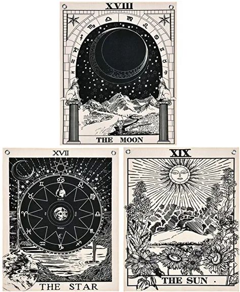 Tapestry Bedroom Aesthetic, Tarot Card Tapestry, The Star Tarot Card, Tarot Tapestry, Star Tarot Card, The Star Tarot, Sun And Moon Tapestry, The Sun Tarot Card, The Moon Tarot Card