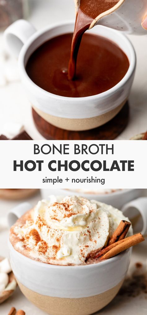 Bone Broth Hot Chocolate Coconut Cream Hot Chocolate, Bone Broth Hot Cocoa Recipe, Raw Cacao Hot Chocolate, Superfood Hot Chocolate, Cooking With Bone Broth, Bone Broth Cocoa, Hot Chocolate Alternative, Carnivore Hot Chocolate, Hormone Balancing Hot Chocolate