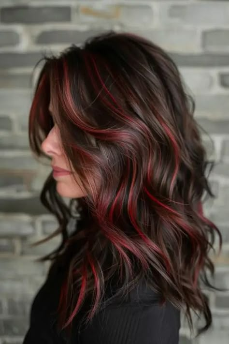 35+ Gorgeous Ways To Wear Red Highlights in Brown Hair - Flo's Blog Dark Hair With Reddish Highlights, Low Light Red Hair, Brown Hair With Red Peak A Boo, Red Hairlights In Brown Hair, Light Red Highlights On Dark Hair, Light Brown Hair With Burgundy Lowlights, Red Purple Hair Highlights, Dark Brunette With Red Highlights, Red Purple Balayage