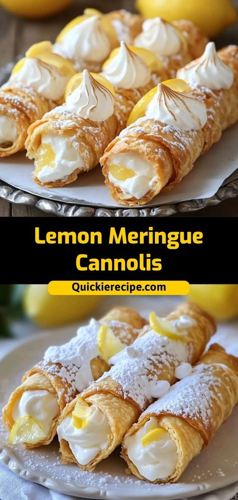 These Lemon Meringue Cannolis are a tangy, creamy twist on the classic, filled with lemon curd and topped with fluffy meringue. Perfect for a bright and refreshing dessert! Ingredients: 4 cannoli shells 1/2 cup lemon curd 1/4 cup whipped cream 2 egg whites (for meringue) A zesty dessert with a creamy filling and a crisp shell that everyone will love Lemon Mascarpone Filling, Lemon Meringue Cups, Lemon Meringue Cannoli, Lemon Meringue Pie Cheesecake, Lemon Cannoli Filling, Lemon Custard Desserts, Lemon Curd Dessert Ideas, Lemon Cannoli, Recipes With Lemon Curd