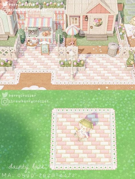 Kawaii Path Animal Crossing, Acnh Pink Yard Ideas, Cute Pink Paths Acnh, Acnh Pink Lace Path, Cute Path Animal Crossing, Pastelcore Acnh, Pink Brick Animal Crossing, Acnh Path Codes Fairycore, Acnh Pink Rug Code