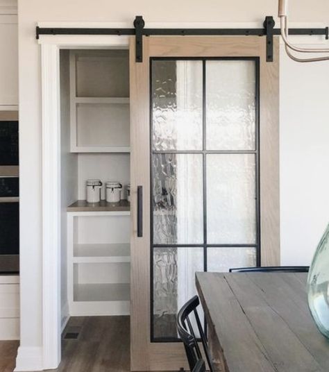 Barn Doors On Pantry, Glass Barn Door Kitchen, Kitchen Pantry Glass Doors, Barn Pantry Doors Kitchen, Barn Door For Pantry Kitchens, Barn Door Kitchen Pantry, Glass Doors To Office, Barn Door Over Sliding Glass Door, Pantry Door Sliding