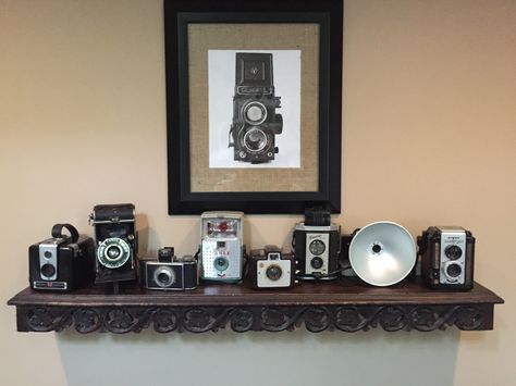 Vintage Camera Collection| My Home Style: Vintage, Cozy, Farmhouse | My Life From Home Vintage Camera Collection, Vintage Camera Decor, Camera Display, Camera Decor, Camera Collection, Shelf Decor Living Room, Decorating 101, Antique Cameras, Vintage Industrial Decor