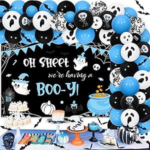 Amazon.com: JOYMEMO Halloween Baby Shower Decorations Blue - Oh Sheet We're Having a Boo-y Backdrop, Halloween Balloon Garland Arch Kit with 3D Bat Stickers for Pregnancy Celebration Gender Reveal Party Supplies : Toys & Games Halloween Baby Shower Balloon Arch, Halloween Baby Shower Decorations, Halloween Balloon Garland, Gender Reveal Party Supplies, Baby Shower Balloon Arch, Halloween Balloon, Garland Arch, Halloween Balloons, Kids Gift Guide