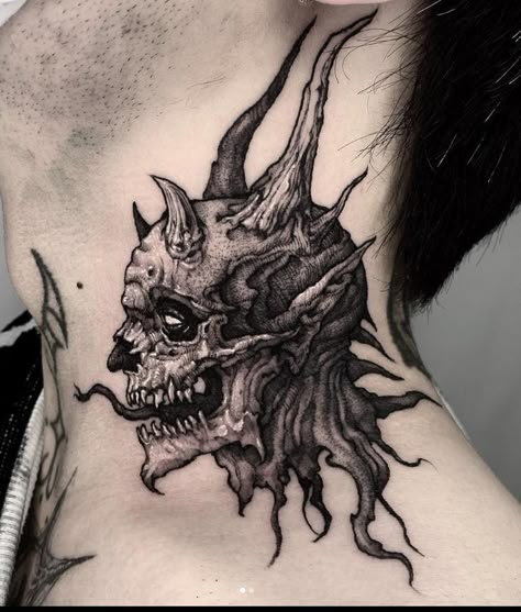 Demonic Tattoos For Men Sleeve, Creepy Neck Tattoos, Gore Tattoo Ideas, Tattoo Blackwork Dark, Anime Neck Tattoo, Dark Tattoos For Men Creepy, Demon Tattoo For Men, Demon Tattoos, Satanic Tattoos