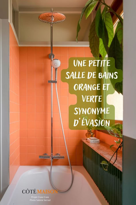 Dans cette petite salle de bains avec baignoire, les matières minérales se mêlent à la végétation. Pour accentuer le relief et la luminosité de la pièce, le studio Craie Craie a opté pour un carrelage Orange CESI et des carreaux verts de chez Mutina.🍃 Lyon, Orange