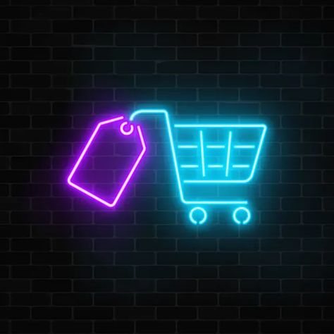 Neon supermarket sale sign with shopping cart Vector Image Dark Brick Wall, Supermarket Design Interior, Logo Online Shop, Baby Cartoon Drawing, Neon Box, Neon Sign Art, Sale Sign, Supermarket Design, Box Icon