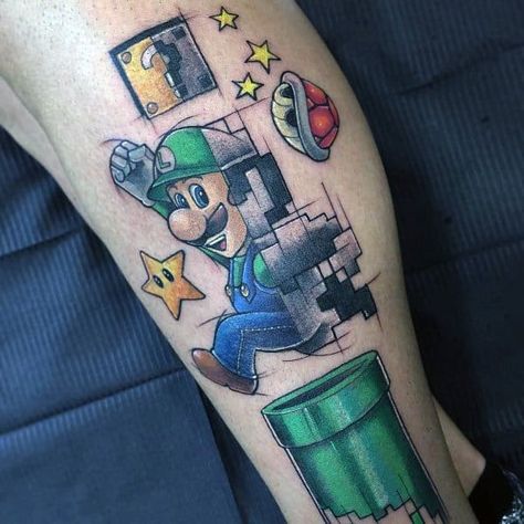 Mens Cool Luigi Tattoos Luigi Tattoo Ideas, Luigi Tattoo, Super Mario Tattoo, Nintendo Tattoo, Mario Tattoo, Baby Tattoo Designs, Gamer Tattoos, Wicked Tattoos, Geek Tattoo