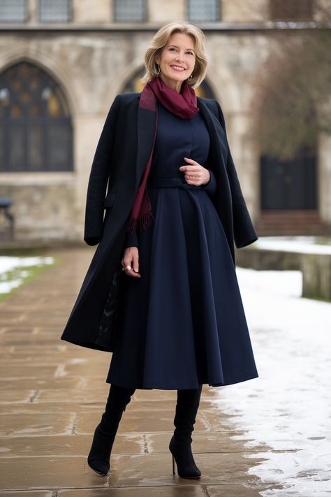 Winter outfit with a navy wool dress, black coat, and burgundy scarf. Navy Blue Dress Outfit Winter, Winter Outfits With Dresses, Blue Winter Dress, Navy Blue Dress Outfit, Blue Winter Dresses, Silver Slip Dress, Outfits With Dresses, Winter Brunch, Winter Dress Outfit