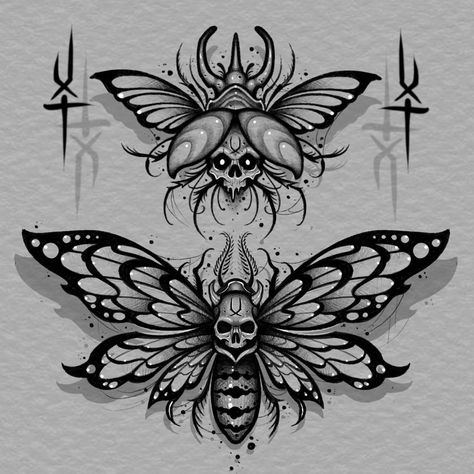 Deathmoth Design Tattoo, Dark Butterfly Tattoo, Skull Butterfly Tattoo, Traditional Tattoo Drawings, Moth Tattoo Design, Skull Butterfly, Insect Tattoo, Creepy Tattoos, Moth Tattoo