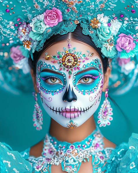 I can’t stop making gorgeous Catrinas 🥰 Enjoy part 2 of my Día de los Muertos series 🌸💀 #mexico #diademuertos #makeupinspo Day Of The Dead Headpiece, Catrina Costume, Day Of The Dead Party, Dead Makeup, Mascaras Halloween, Sugar Skull Makeup, Face Painting Halloween, Sugar Skull Art, Skull Makeup