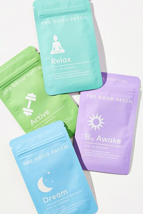 These wearable wellness patches by The Good Patch offer a boost of what you need when you need it. Perfect for on-the-go all-day wellness, the sustained release of ingredients lasts 8-12 hours. | Wellness Patch by The Good Patch in Purple at Anthropologie Supplement Logo Design, Pill Packaging Design, Wellness Packaging, Health Products Packaging, Cosmetics Branding, Pill Packaging, Vitamin Brands, Medical Packaging, Egg Packaging