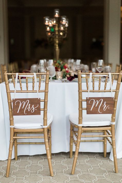 Wooden Mr + Mrs chair signs | Bridalbliss.com | Portland Wedding | Oregon Event Planning and Design | Amanda K Photography Mr And Mrs Chair Signs, Wedding Jamaica, Bride Groom Chairs, Wedding Top Table, Bride Groom Table, Table Labels, Wedding Chair Signs, Bells Wedding, Wedding Oregon