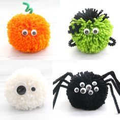 How cute! Halloween pom pom pals: kids can use yarn, pipe cleaners, and googly eyes to make fun Halloween decorations. Easy kids' craft for Halloween. Dekorasi Halloween, Halloween Arts And Crafts, Adornos Halloween, Easy Halloween Crafts, Halloween Crafts Decorations, Pom Pom Crafts, Fun Halloween Decor, Fall Halloween Crafts, Pipe Cleaners