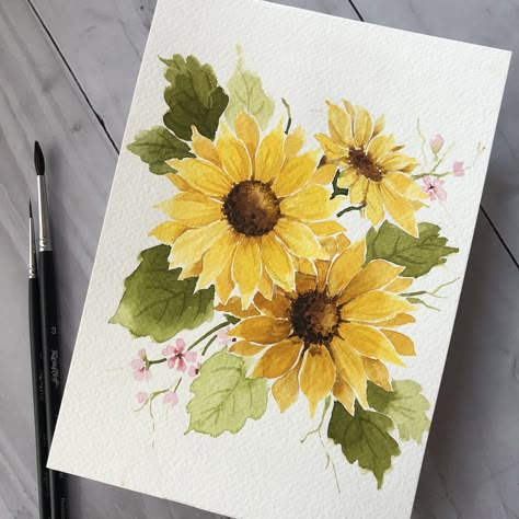 Sunflower Painting Gouache, Sunflower Gouache, Sunflower Painting Watercolor, Watercolour Sunflower, How To Start Painting, Sunflower Watercolor Painting, Sunflower Artwork, Watercolor Pencil Art, Sunflower Watercolor