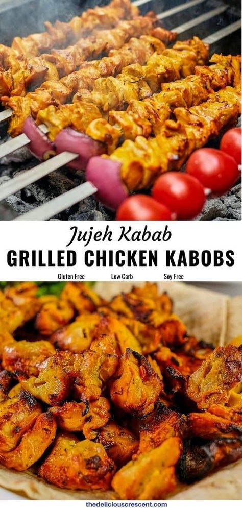 Chicken Kabobs Middle Eastern, Saffron Chicken Kabobs, Persian Chicken Kabobs, Iranian Chicken Kabob, Persian Grilled Chicken, Persian Chicken Recipes, Chicken Persian Recipes, Moroccan Chicken Kabobs, Jujeh Kabob