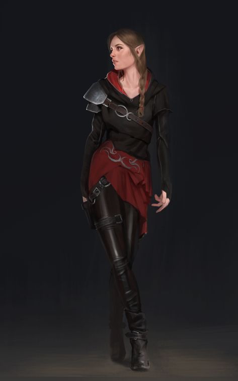 f Half Elf Warlock Leather Armor urban City Tower undercity ArtStation by Damian Audino lg (10) Half Elf Warlock, Red And Black Outfits, Half Elf, Female Elf, Female Armor, Leather Armor, Fantasy Inspiration, Fantasy Clothing, Fantasy Fashion