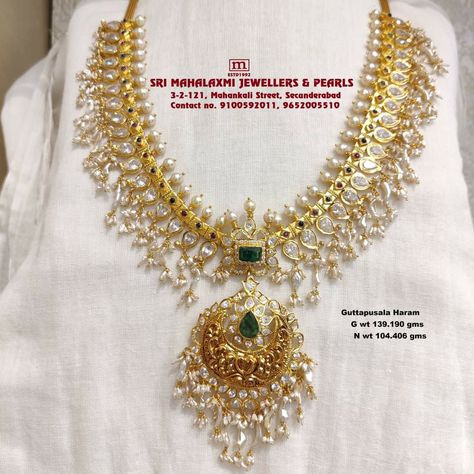 Added New Guttapusala Longharam Pachi Cz`s Workmanship Studded with Kesi pearls and Cz`s, Emerald made 22KT BIS HALLMARK Gold visit our SHOWROOM WHOLESALE PRICES Please call us on Whatsapp VIDEO CALL No. 9100592011, 9652005510 www.srimahalaxmijewellers.in #SriMahalaxmiJewellers #MahalaxmiJewellers #GuttapusaluHaram #Longharam South Jewellery, Beads Haram, Whatsapp Video Call, Latest Silk Sarees, Gutta Pusalu, Jewel Design, Beautiful Gold Necklaces, Pearl Necklace Designs, Antique Gold Jewelry