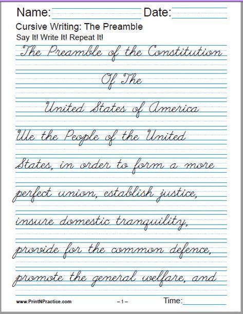 Cursive Writing Worksheets Copywork: Preamble to the Constitution, United States Founding Fathers: 2 pages. Cursive Writing Paragraph, Paragraph In Cursive Writing, Writing Page, Writing Alphabet Letters, Cursive Practice Sheets, Cursive Letters Alphabet, Cursive Worksheets, Cursive Writing Practice Sheets, Cursive Handwriting Worksheets