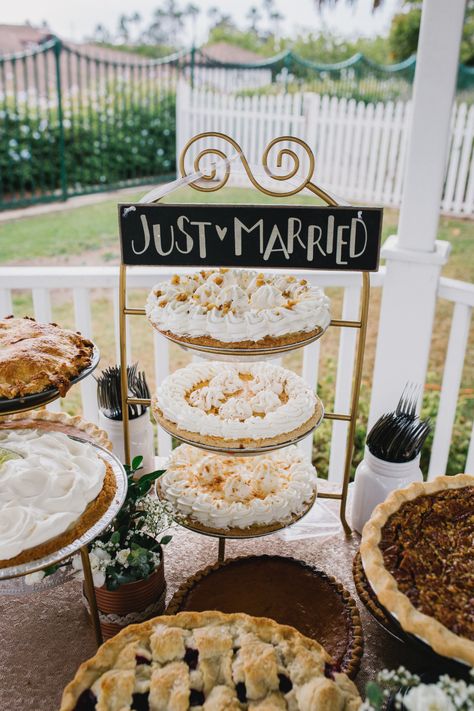 just married wedding pie stand Wedding Pies, Pie Table, Wedding Table Toppers, Dessert Display Wedding, Buffet Dessert, Wedding Pie, Wedding Cake Alternatives, Cake Pie, Wedding Display