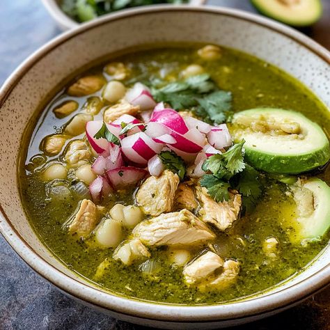 Chicken Pozole Verde (Mexican Green Pozole) Chicken Pozole Verde Recipe, Chicken Pozole Verde, Bougatsa Recipe, Chicken Pozole Recipe, Pozole Verde Recipe, Green Pozole, Creamy Chicken And Noodles, Amazing Dinner Recipes, Chicken Pozole