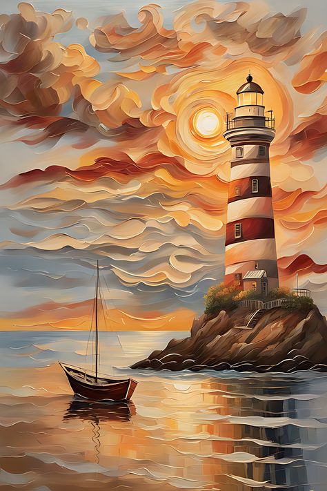 Seascape with a boat on the water a lighthouse on the shore and a sun setting behind the clouds Painting Of A Lighthouse, Lighthouse Landscape Painting, Lighthouse Oil Painting, Light House Art, Boats Drawing, Seascape Drawing, Boats Painting, Lighthouse Drawing, Pictures Animals