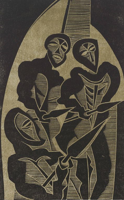 Cecil Skotnes SOUTH AFRICAN 1926-2009 Mhlangane Dingane and Mbopa Lie in Wait, 41, 1973 Colour woodcut 50 x 33 cm. Cecil Skotnes, African Modernism, Modernism, Color Pallets, South African, Art