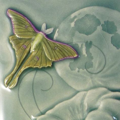 Luna ceramic tile home decor wall art art by MedicineBluffStudio Art Nouveau Luna Moth, Art Nouveau Polymer Clay, Luna Moth Art The Moon, Ceramic Art Nouveau, Art Nouveau Lily Pad, Moon Pie, Moon Flowers, Gorgeous Tile, Art Nouveau Tiles