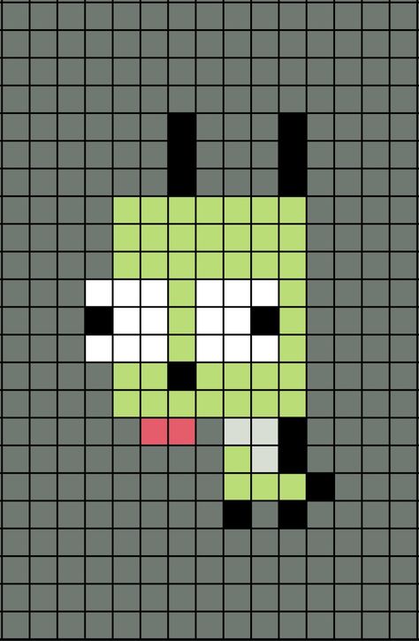 A pixel art template of Gir the character from the cartoon program, Invader Zim.

Works with perler beads. Perler Bead Patterns Invader Zim, Gir Crochet Invader Zim, Kandi Invader Zim, Invader Zim Perler Bead Patterns, Domo Pixel Art, Gir Pixel Art Invader Zim, Gir Perler Pattern, Invader Zim Bracelet, Things To Make Out Of Perler Beads